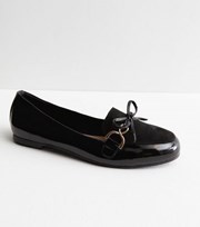 New Look Wide Fit Black Patent Suedette Bow Loafers